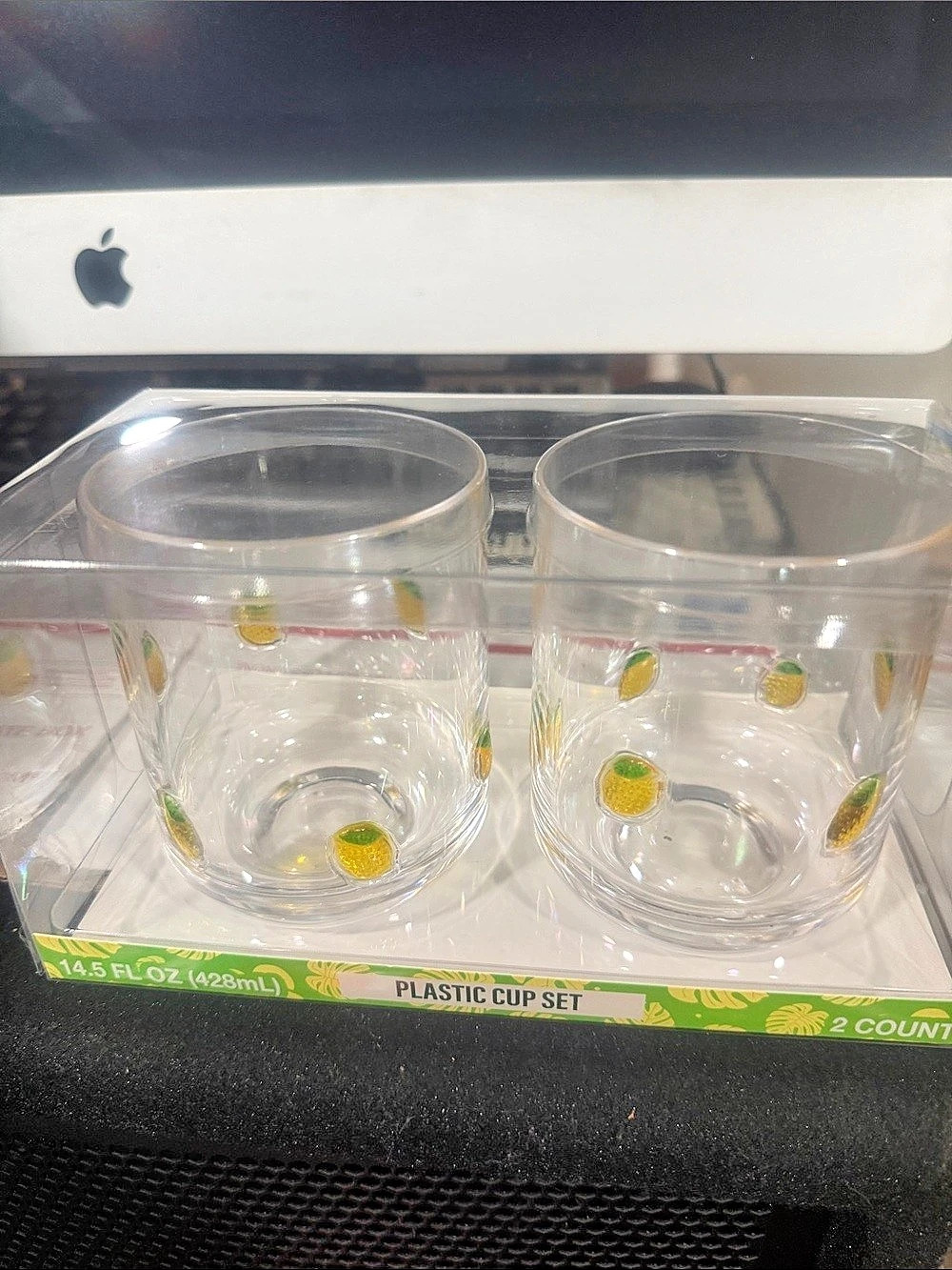 Clear Plastic Cup Set with Green Fruit Detail NWT